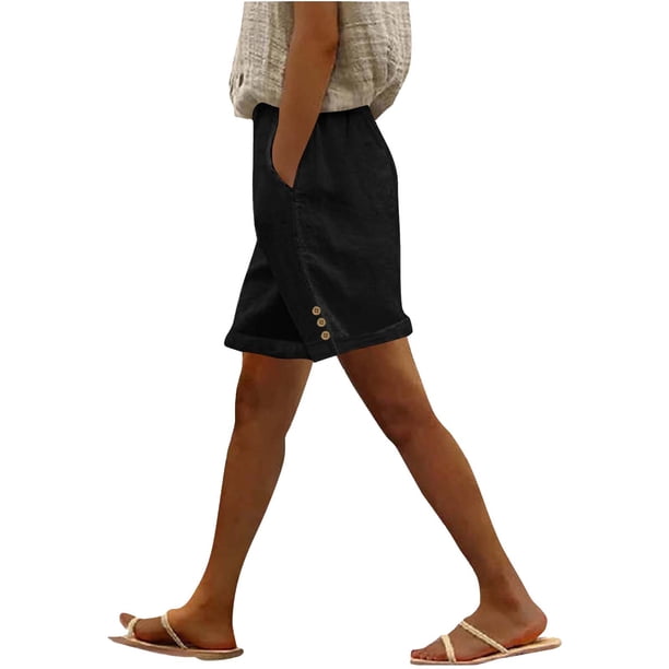 Pantalones de Algodón para las Mujeres Lino de Color Sólido de Verano de Ajuste Suelto, Bolsillos de Hendidura Lateral de Pierna Recta