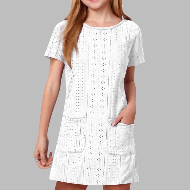 QTBIUQ Robe Ample à Manches Courtes à Col Rond de Couleur Unie pour Fille avec Doubles Poches, Décontractée, Quotidienne, Polyvalente, pour Vacances, Fête, Jeu, Ensemble d'Été, Style Mignon et à la Mode (Blanc, 9-10 Ans)