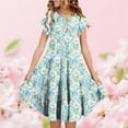 thumbnail image 1 of Zpanxa Robes d'Été pour Filles Manches Courtes Volantées Col Rond Imprimé Floral Taille Poche Robe Superposée Polyester Spandex Multicolore 6-7 Ans, 1 of 6