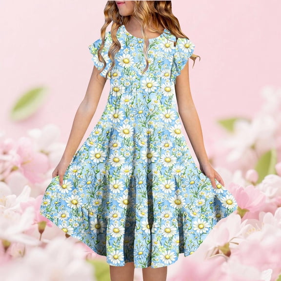 Yourumao Tiered Midi Dress Girl 4-15 Years Floral Cap Sleeve Summer Dress A-Line Swing Round Neck Cute Dresses Garden Party Clothes