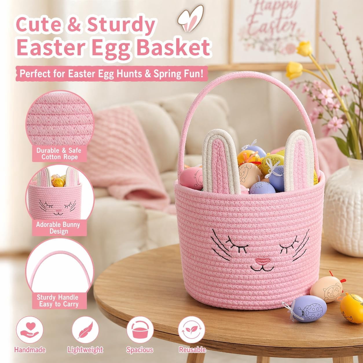 Easter Basket Bunny Design, Gift Basket with Handle, Cute Storage Basket for Eggs Candy Toys, Decorative Organizer for Party Holiday Gifts