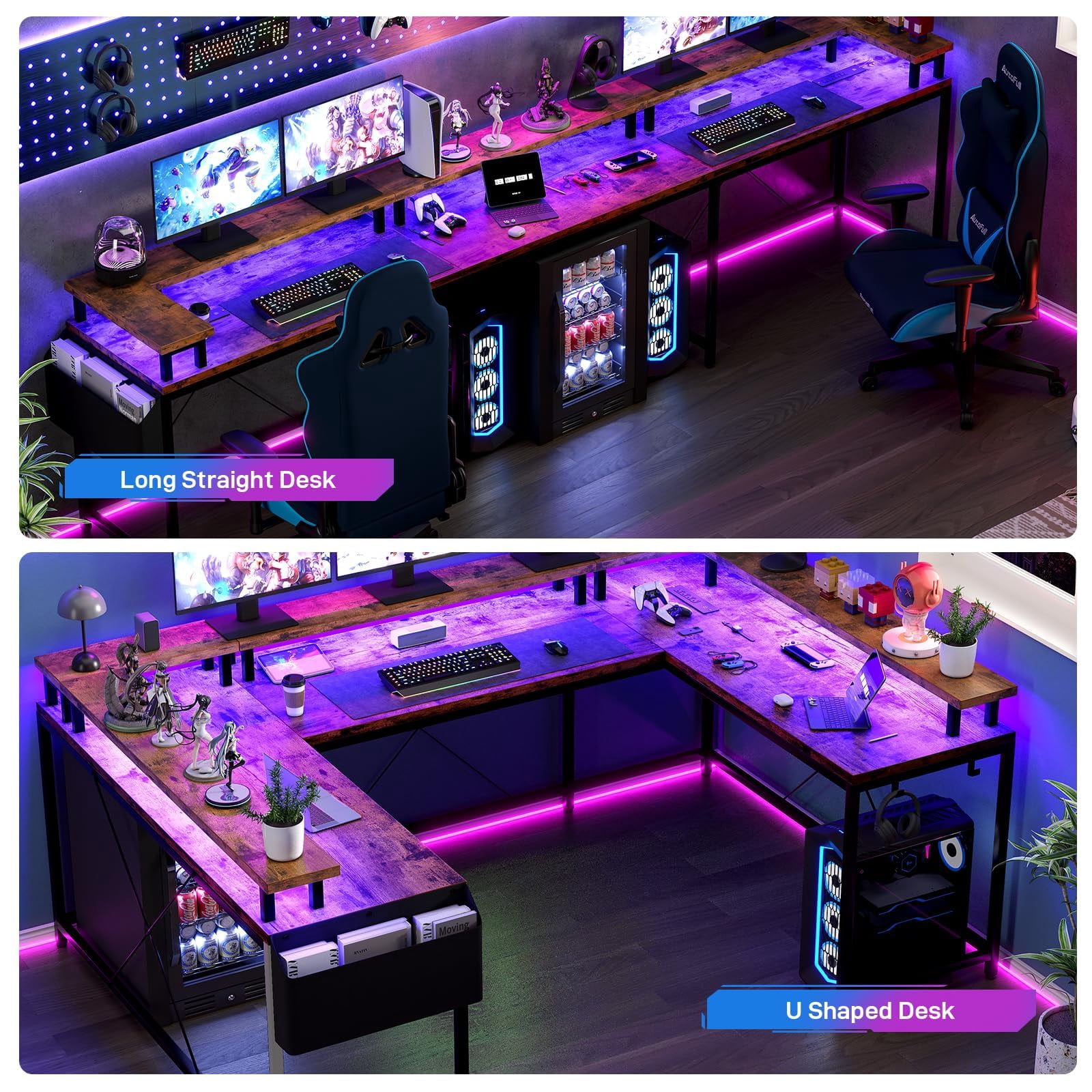 Luku U Shaped Home Office Desk, Reversible L Shaped Gaming Computer Desk with Power Outlets,126 Inch Computer Desk with Monitor Stand and LED Lights,Storage Shelves,Storage Bag and Hooks