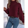 thumbnail image 5 of Women'S Sweater Round Neck Texture Button Lantern Sleeve Tops Pullover Knit Wine Red S, 5 of 8