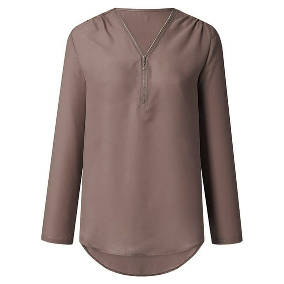 Kojanyu Womans Shirts Women Zipper Button Tops Long Sleeves Loose Chiffon Shirt Clothing,Coffee XL