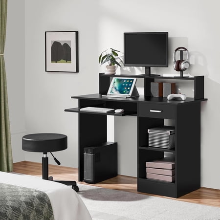 Home Office Wood Computer Desk with Drawers and Pull-Out Keyboard Tray Study Writing Desk PC Laptop Table with Hutch and Storage Shelves Modern Workstation Black