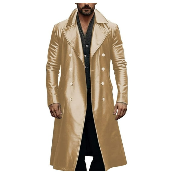 Caqnni Men's Wool Blend Pea Coat Double Trench Coat Warm Winter Overcoat (Gold,3XL)