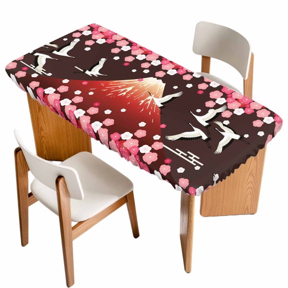 Black Mountains Table Cloths for 4 Foot Rectangle Tables, Modern Aesthetic Cherry Blossoms Cranes Patio Waterproof Elastic Fitted Tablecloths, Washable Rectangular Table Cover for Camping