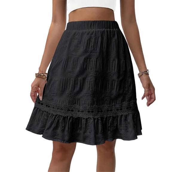 Amkhujs Womens Skirts Lace Ruffle Hem Cute Summer Skirt Trendy Solid Elastic Waist Mini Skirt for Casual Wear,Black,XXL