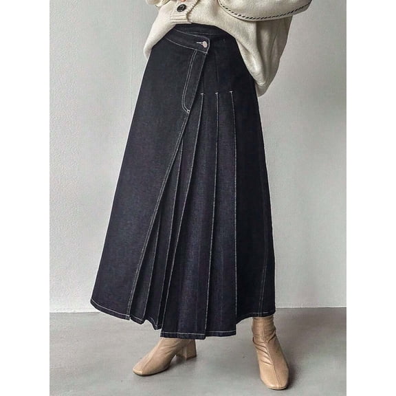 Womens Blue Asymmetrical Pleated Denim Midi Skirt Casual Style