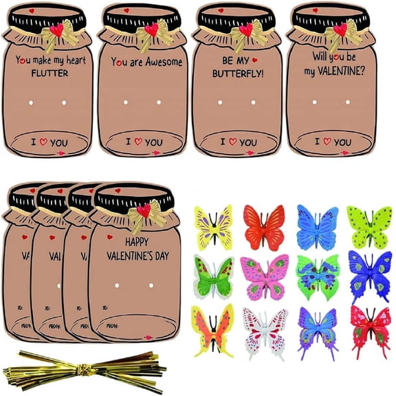Qyaukm 30 Pack Youths Valentine's Day Cards with Stickers, Classroom Exchange Cards for Boys Girls Party, Assorted Butterfly Toy Cards, Valentine Greetings for Classmates