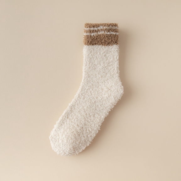 Women's Striped Coral Fleece Socks, Mid-Crew Length Plush Thermal Socks, Non-Slip Grip House Slipper Socks, Cozy Winter Bed Socks, Soft Patterned Sleep Socks - Beige