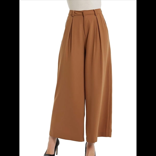 Pantalones Palazzo Largos de Pierna e Informales de Cintura Alta para Mujer, Talla Regular Color Camello L