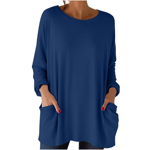 Tops de Manga Larga de las Mujeres Casual Color Sólido Cuello Redondo Suelto Encaje Superior con Bolsillo, Tops de Manga Larga de las Mujeres