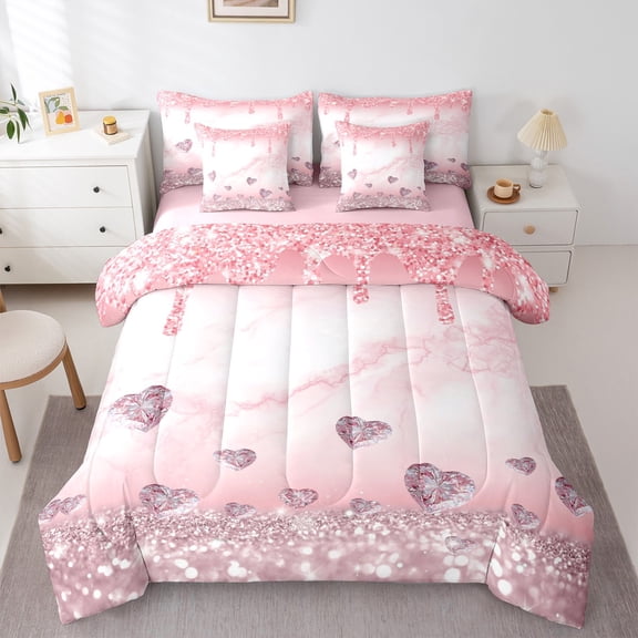 Homewish Love Heart Diamond Twin Bedding Sets 7-Piece for Girls, Pink Sequin Print Bedding Comforter Set, Romantic Anniversary Reversible Sheet Sets, Microfiber Bedroom Decor