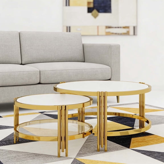 2-Piece Modern Round Coffee Table Set, Gold Tempered Textured Glass Living Room Coffee Tables, 32.75" Stylish Decor