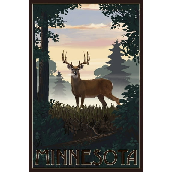 Minnesota, Deer and Sunrise (36x54 Giclee Gallery Art Print, Vivid Textured Wall Decor)