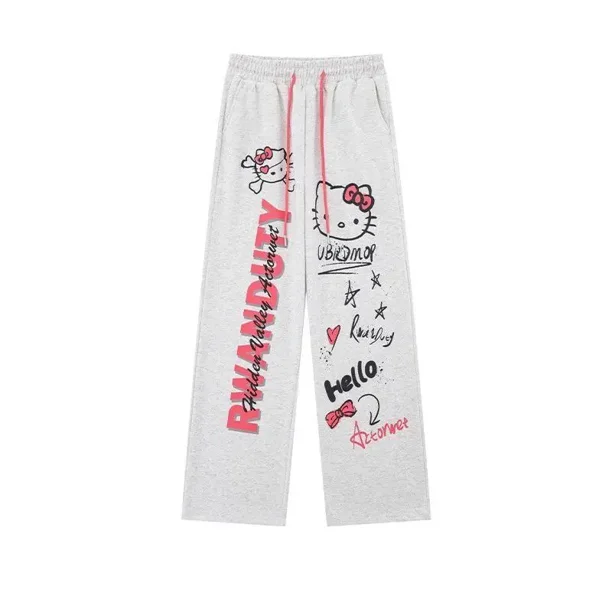 Pantalones con estampado de grafiti de Hello Kittys de Sanriod para mujer, pantalones de pierna ancha con cordón a la moda, pantalones deportivos holgados, ropa de calle Y2K