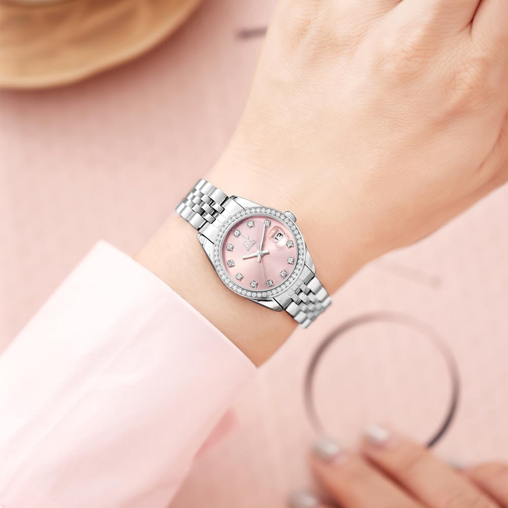 Women's Crystal Accented with Solid Alloy Steel Band Watch Elegant Dress Quartz Calendar Watches for Women