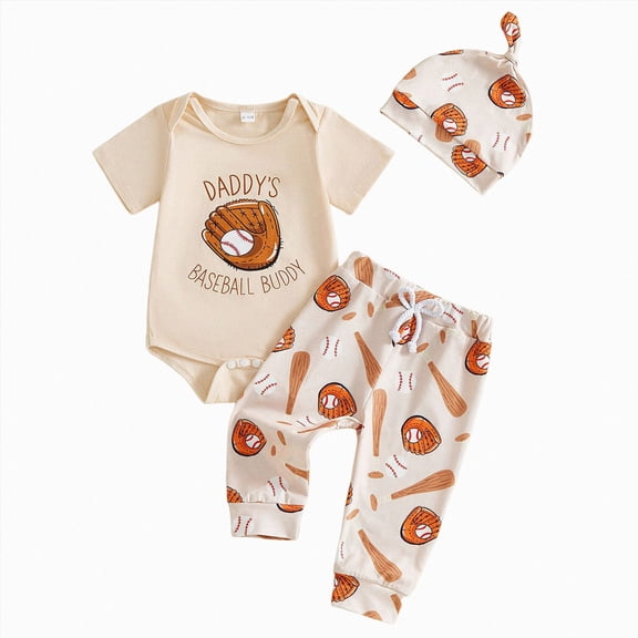 felwors My First Baseball Season Baby Boy Outfit Newborn Letter Print Short Sleeve Romper Baseball Pants Hat 3Pcs Outfits Set