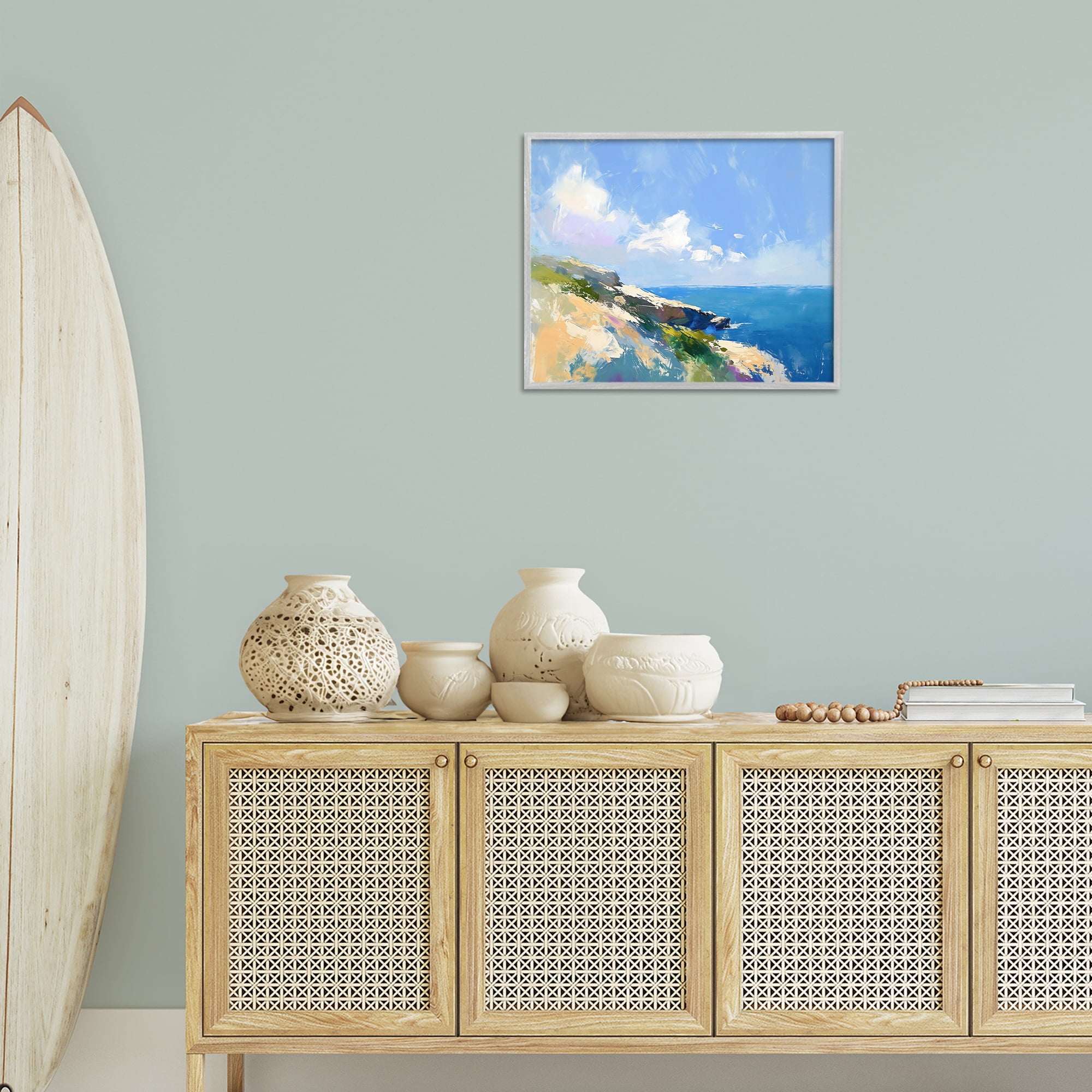 Stupell Industries Rugged Coastline Landscape Coastal Painting Gray Framed Art Print Wall Art, 20 x 16
