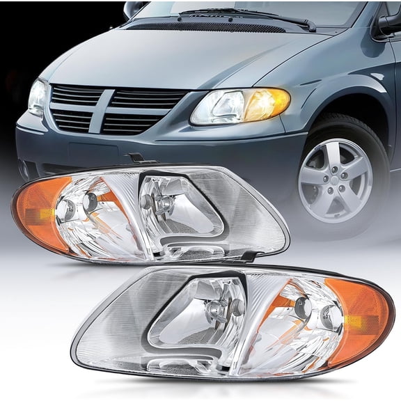 Nilight Headlight Assembly for 2001 2002 2003 2004 2005 2006 2007 Chrysler Town & Country 2001-2003 Voyager 2001-2007 Dodge Grand Caravan Replacement Chrome Housing Amber Reflector,2 Years Warranty
