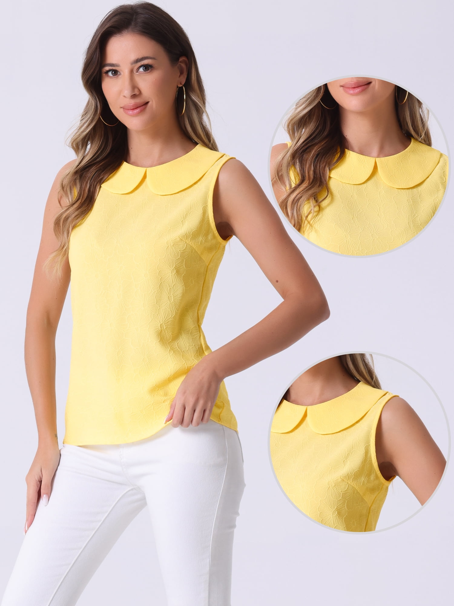 DARING DIVA Women's Peter Pan Collar Sleeveless Jacquard Floral Blouses M Yellow