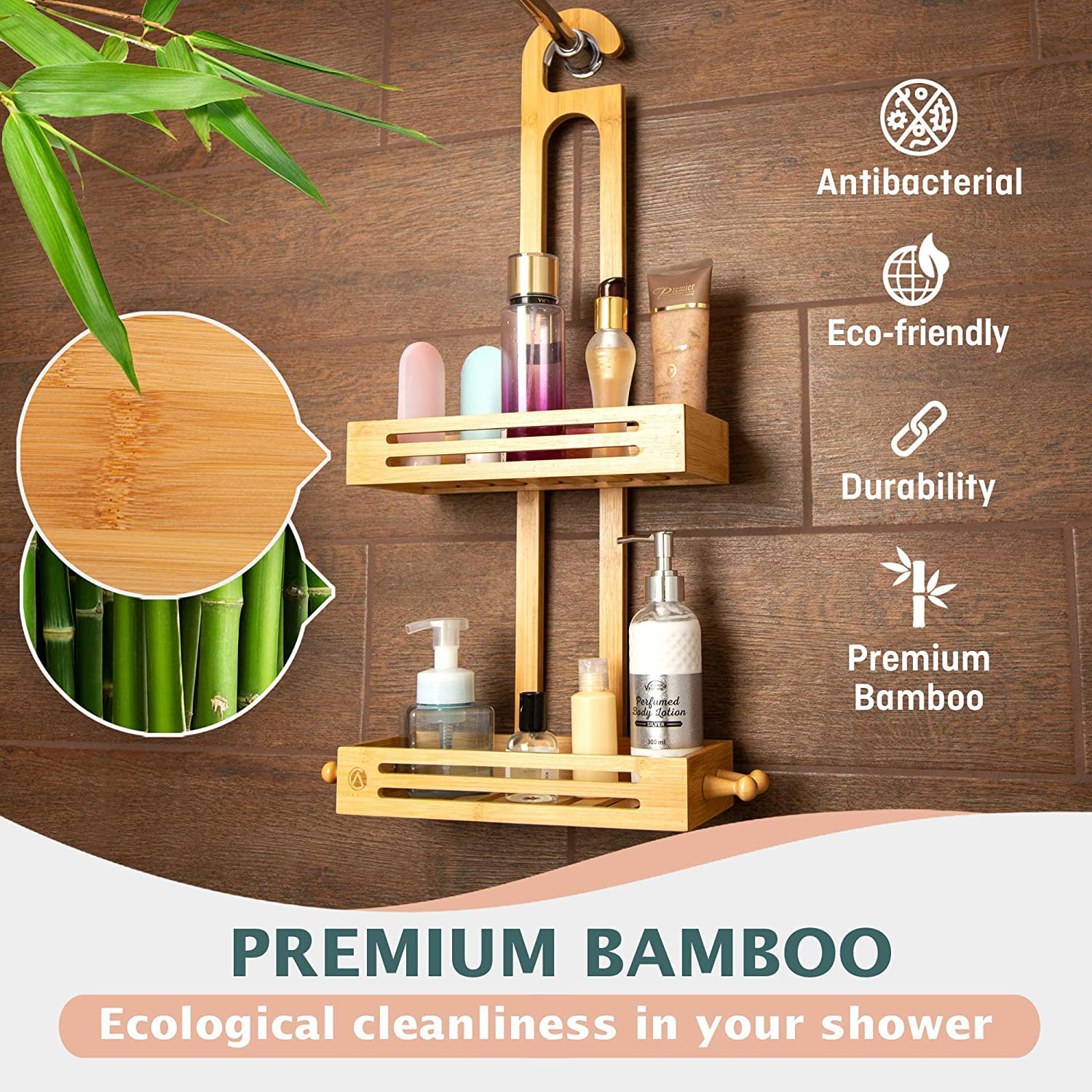 Bamboo Hanging Shower Caddy Rustproof Made From Natural Bamboo 2 Level  Storage Organizer - China Bamboo Bathroom Organizer, Bamboo Shower Caddy