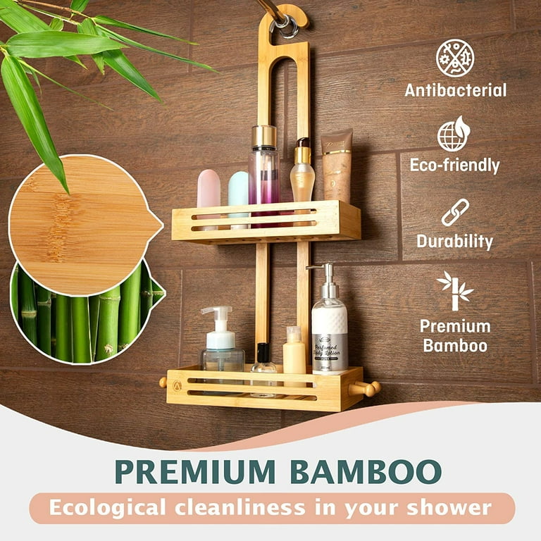 Crew & Axel Bamboo Hanging Shower Caddy Rustproof Made from Natural Bamboo  2 Level Storage Organizer Waterproof & Anti Stain - Over The Shower Head  Caddy 27 x 11 x 5 