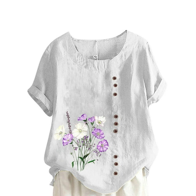 XMMSWDLA T-Shirts à Manches Courtes Col Rond Boutonné Côté Ample Tunique Couleur Unie Blouse Blanche Col en V pour Femmes