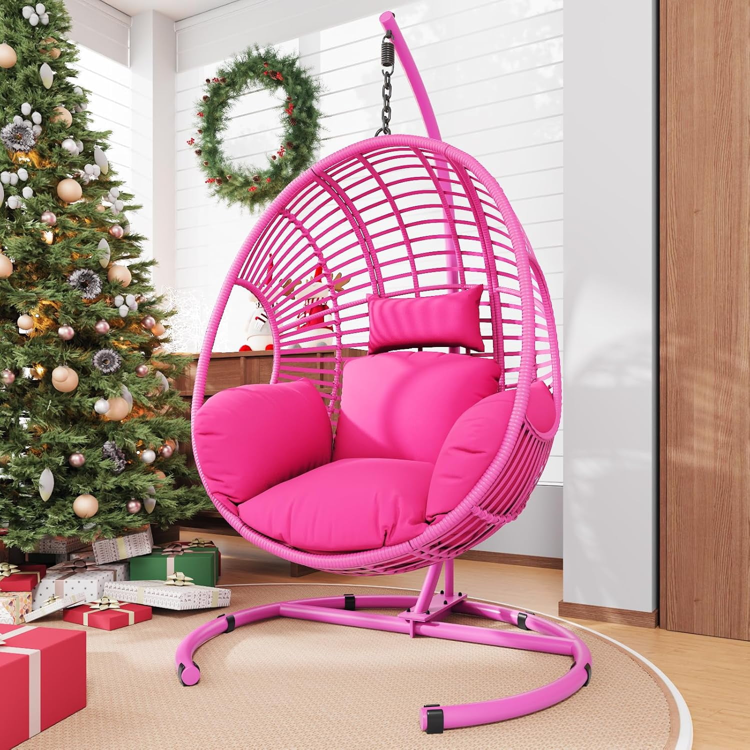 Oversized Hanging Egg Chair Outdoor Indoor, Wicker Swing Egg Chair with Stand  Rain Cover UV Resistant Cushion 400lbs Capacity for Bedroom, Patio, Garden and Balcony (Pink-Regular)