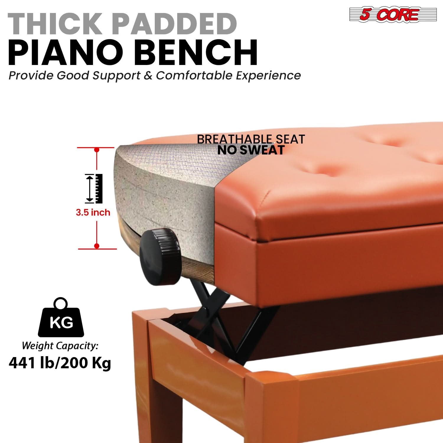 5 CORE Duet Piano Bench with Storage Thick Padded Cushion 3.5 Inch Adjustable Height Solid Wooden Double Keyboard Musician Seat with PU Leather Cushion Cherry Caramel Bro