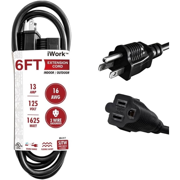 iWork 6 Ft Black Extension Cord, 3-Prong 16/3 SJTW, 13A 1625W UL Listed, Indoor/Outdoor Use