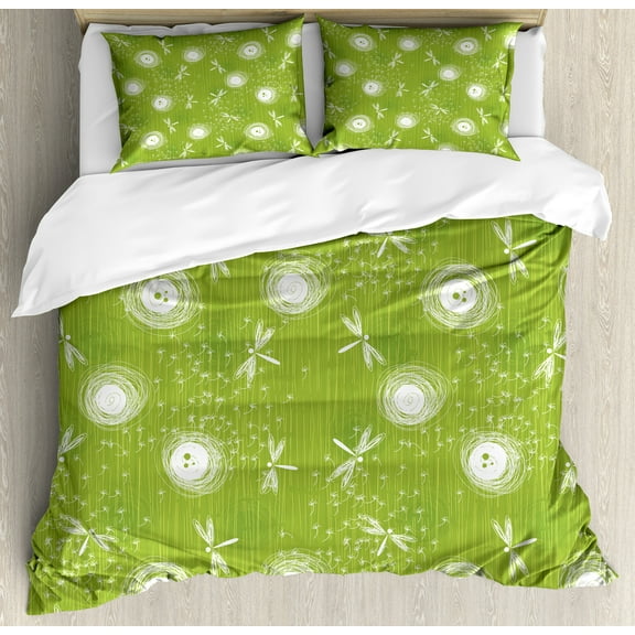 Dragonfly Duvet Cover Set, Sketch Style Dandelion Flower Petals Spring Beauty Nature Blossom Image, Decorative 3 Piece Bedding Set with 2 Pillow Shams, King Size, Lime Green Cream, by Ambesonne