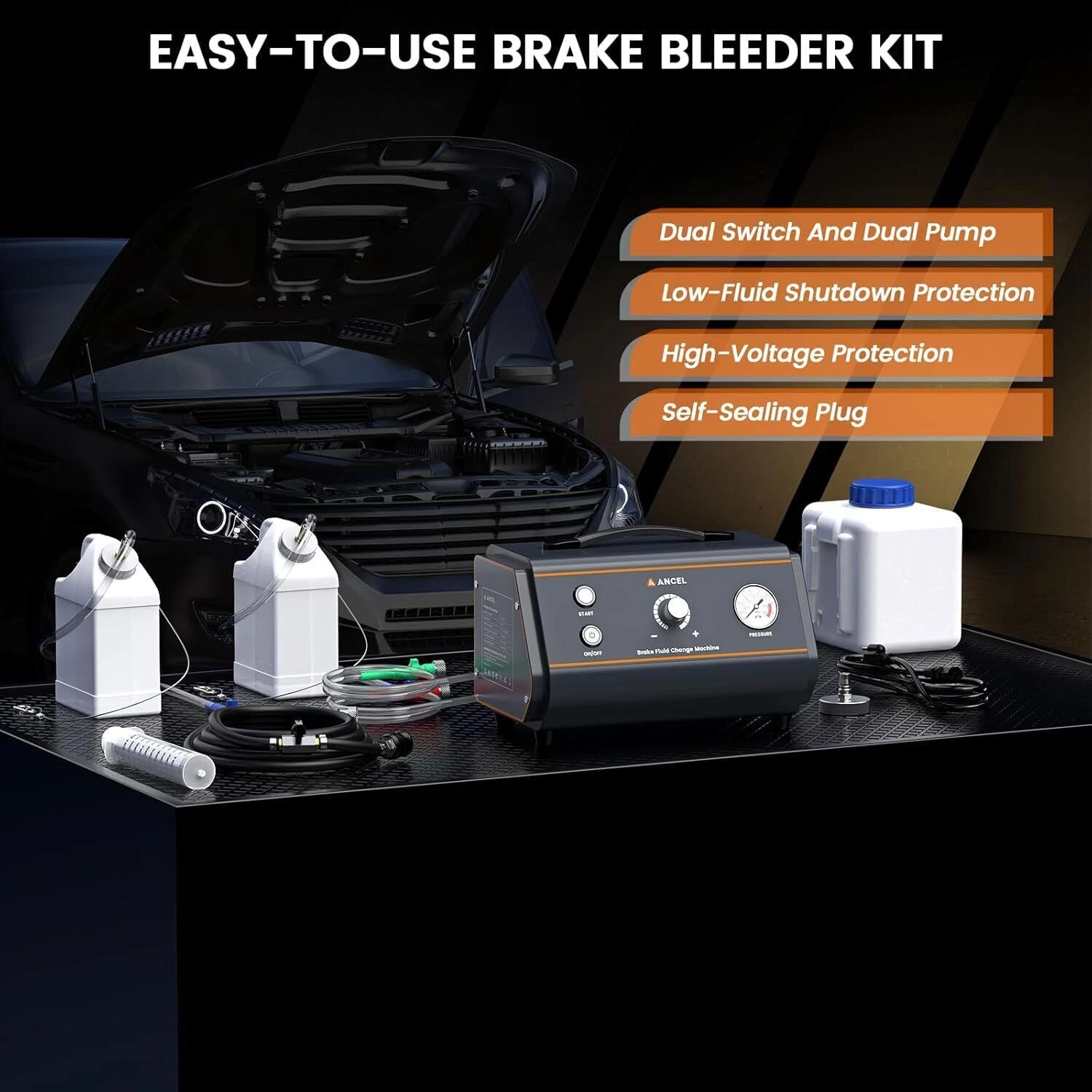 ANCEL Car Brake Fluid Bleeder, Electric Brake Fluid Oil Exchange Pressure Pump, Auto Vacuum Adjustable Pressure Pump Bleeding Machine Kit with Low Fluid Protection & External Fuse