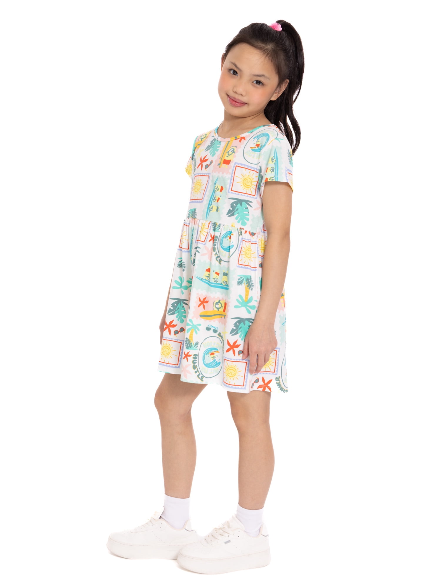 Minions Girls Allover Print Dress with Short Sleeves, Sizes 4-12