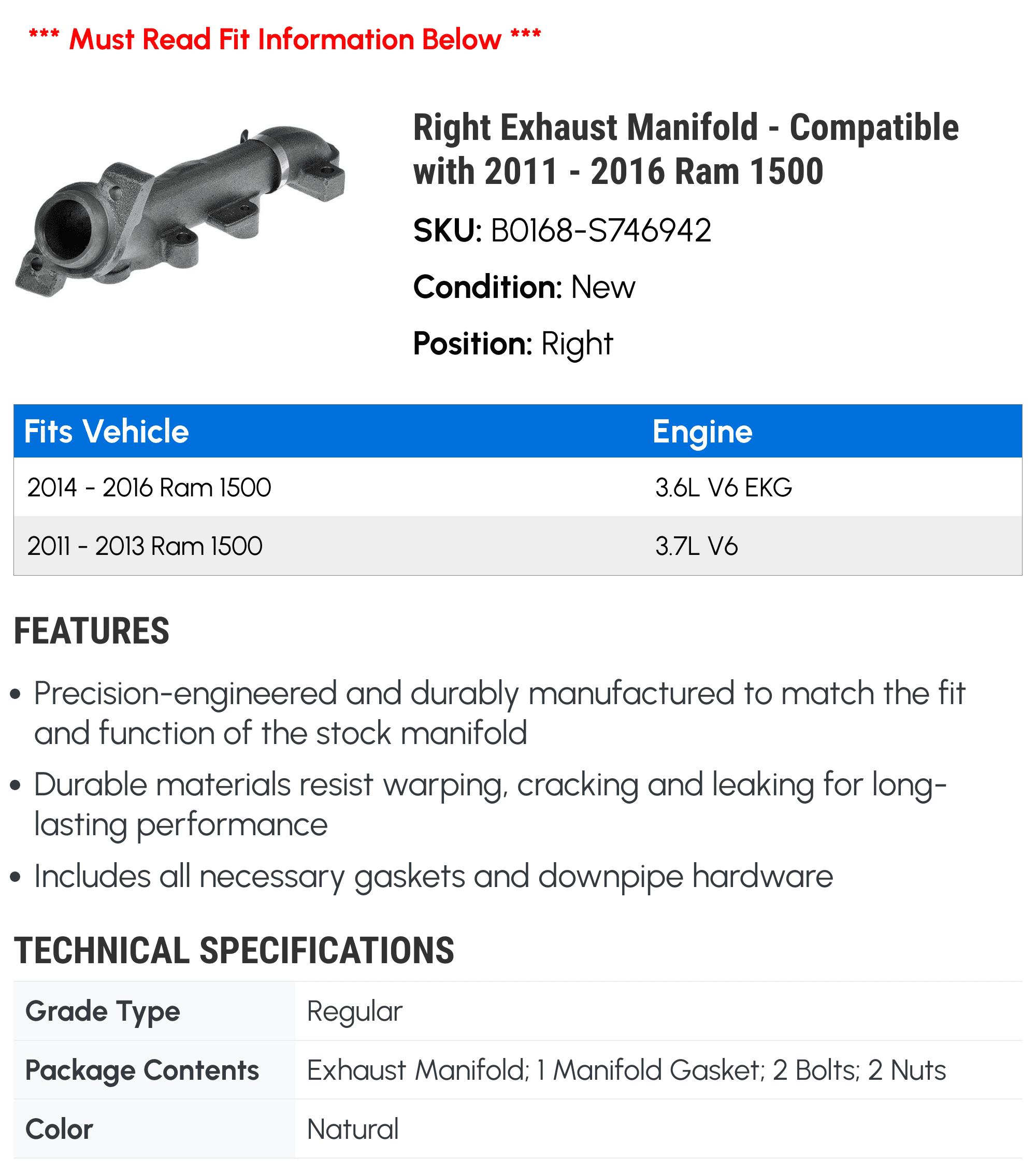 Right Exhaust Manifold - Compatible with 2011 - 2016 Ram 1500 2012 2013 2014 2015