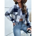 thumbnail image 4 of SEARIPE Women's Cropped Plaid Shacket Jacket Button Down Long Sleeve Flannel Shirt Jacket Coat Navy Blue S, 4 of 7