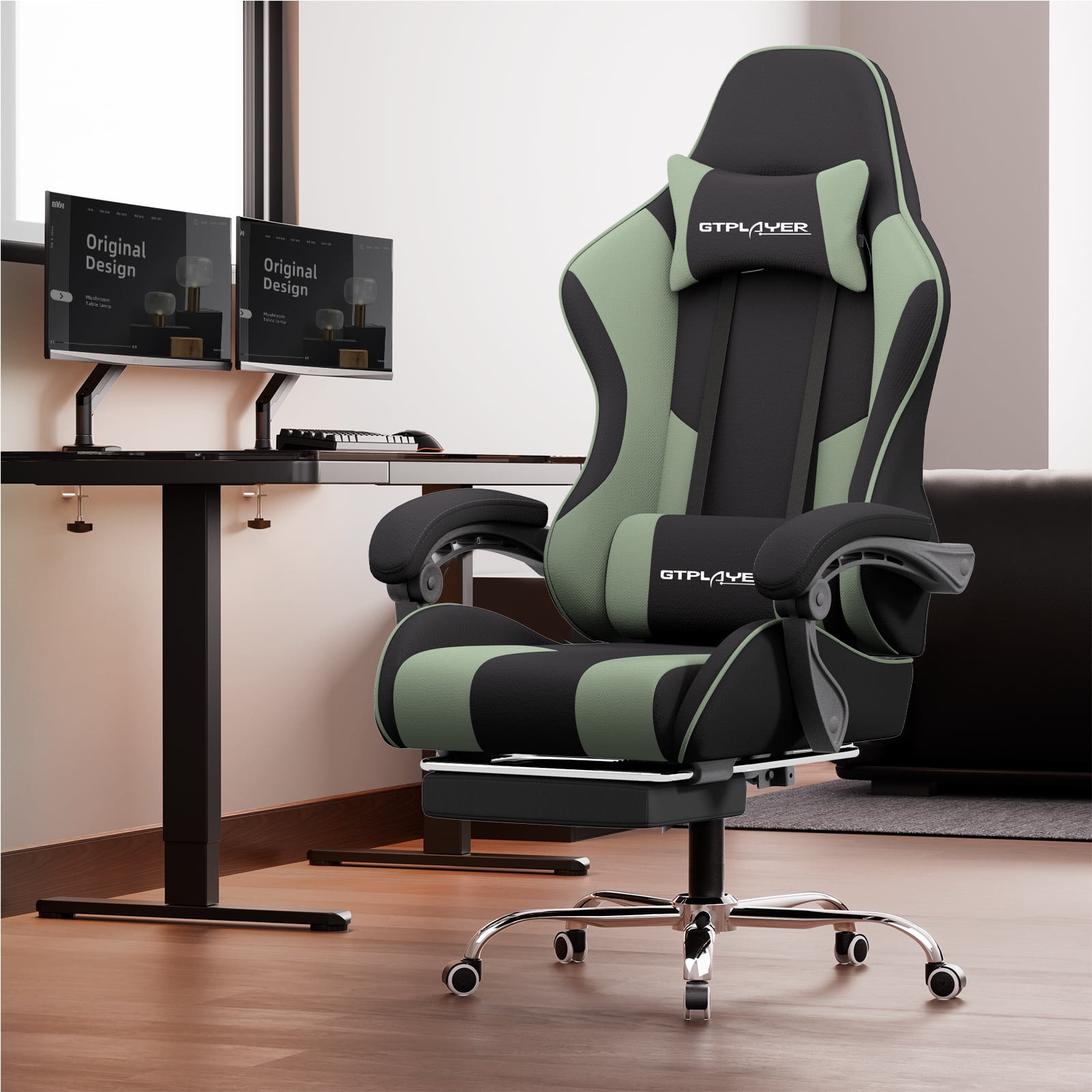 GTPLAYER Gaming Chair with Footrest,Fabric Computer Chair for Office or Gaming, Green