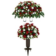 Sympathy Silks Artificial Cemetery Flowers Red and White Garden Mums Bouquet & Saddle with Vase