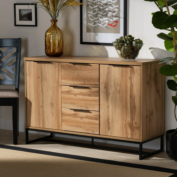Baxton Studio Reid Modern and Contemporary Industrial Oak Finished Wood and Black Metal 3-Drawer Sideboard Buffet