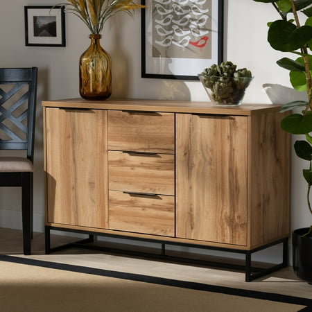 Baxton Studio Reid Modern and Contemporary Industrial Oak Finished Wood and Black Metal 3-Drawer Sideboard Buffet