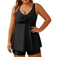 thumbnail image 2 of Swimdress for Women Built-in Bra with Boyshorts V Neck Ruched Front Tummy Control Tankini Set 2 Piece Plus Size Modest Bathing Suits, 2 of 6