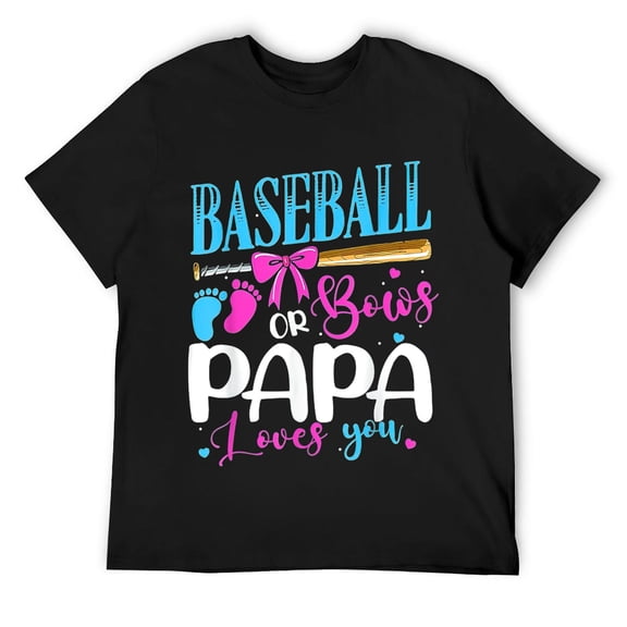 Mens Baseball Or Bows Papa Loves You Pink or Blue Gender Reveal T-Shirt Black