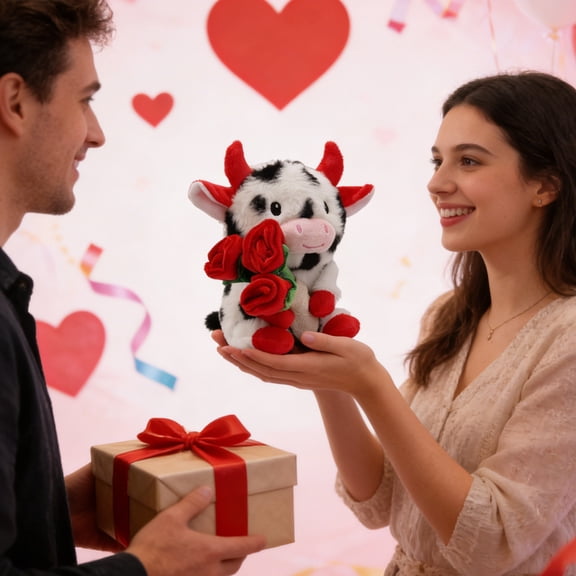 JGJJUGN Valentine's Day Spotted Calf Plush Toy, Romantic Cow Plushie with Bouquet, Cute Home Decor, Adorable Gift for Love, Anniversary, Party Decoration