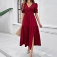 thumbnail image 1 of Pisexur Robe à Manches Courtes Col en V Cheville Mode Femme Robe Fendue Couleur Unie, 1 of 5
