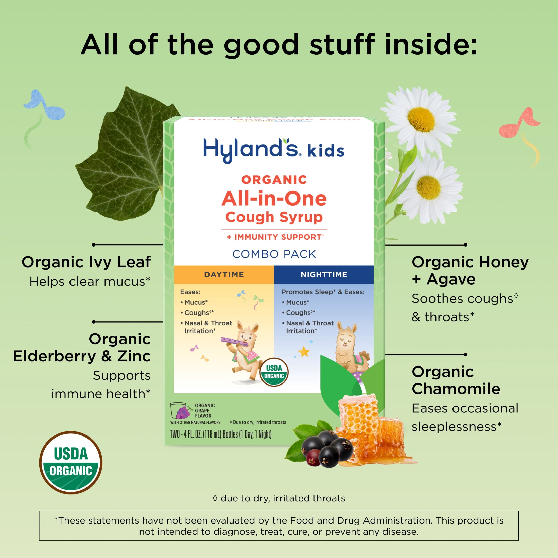 (3 pack) Hyland's Kids Organic All-in-One Cough Syrup, Ages 1-12, Day & Night Combo Pack, Grape, 8 fl oz