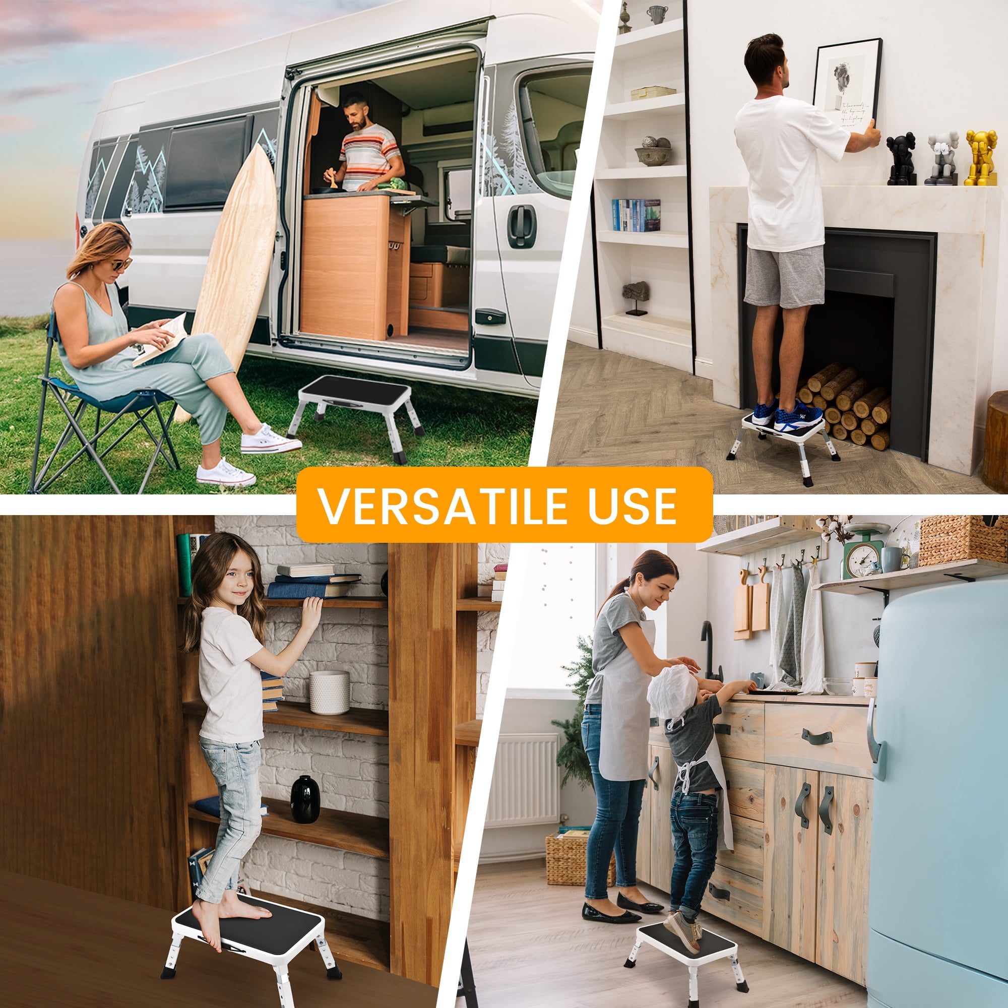 HBTower Adjustable Step Stool with a Non-Slip Platform, Foldable Step Ladder with Thick Rubber Feet for Adults or Children in Kitchen, Bedroom, Office, Rv, 330 Lbs Capacity, White