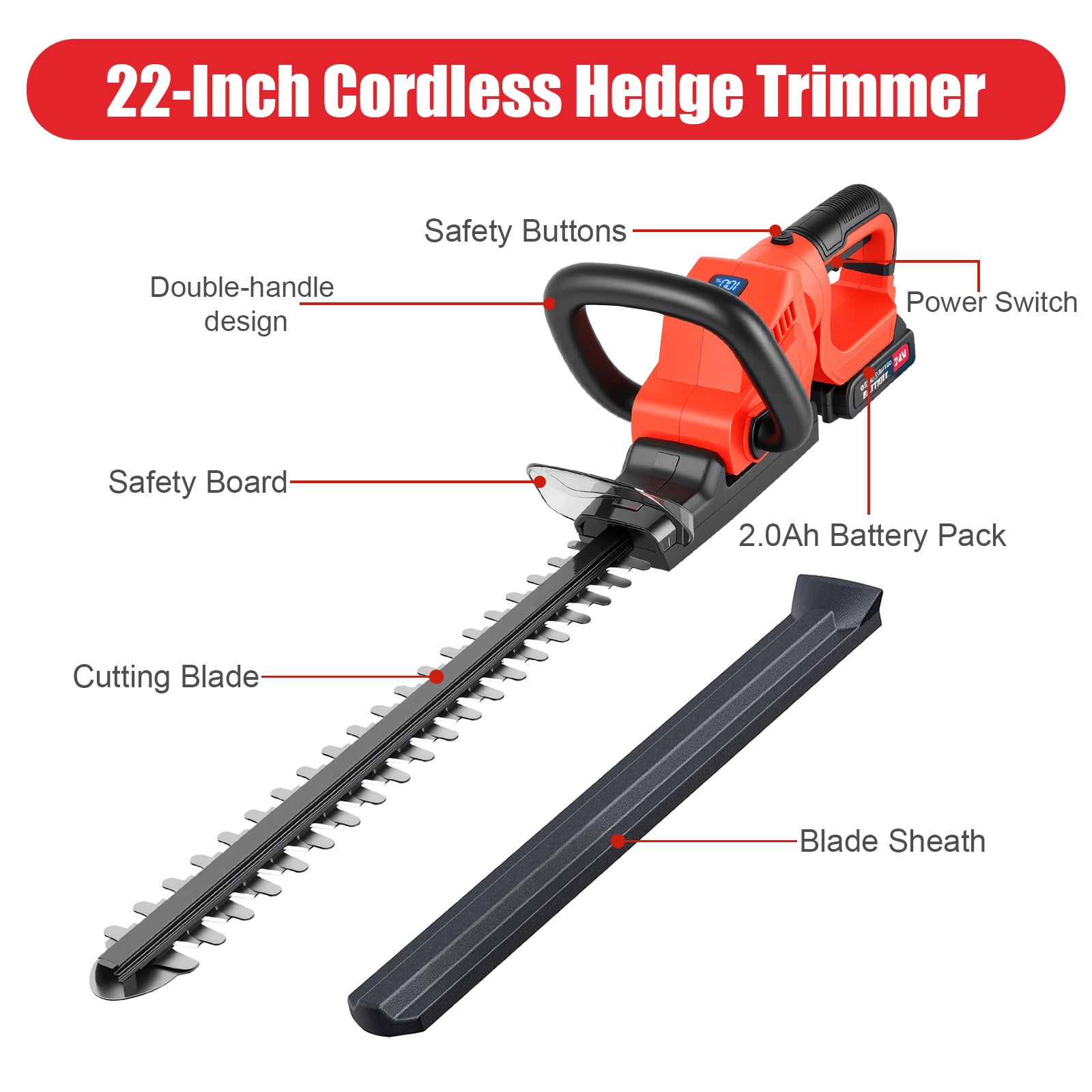 22" Cordless Hedge Trimmer with 180° Rotatable Head, 21V Electric Bush Trimmer with 2 x 2000mAh Batteries, 1000W 24000r/min Motor, 65Mn Steel Blade for Garden Yard, Red