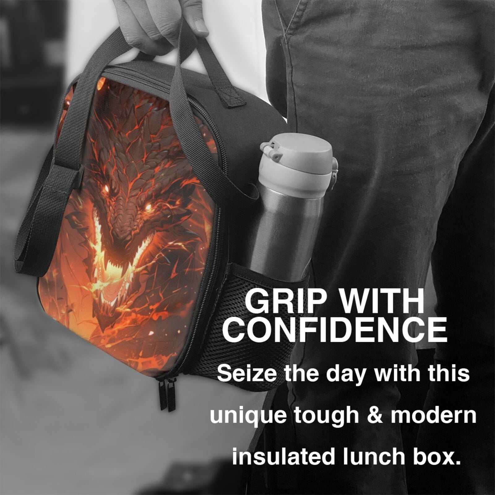 Rateoe Magma Fire Black Dragon Lunch Bag Reusable Lunch Box with Shoulder Straps for Men Women Insulated Portable Lunchbox for adults Suitable for School Work Picnic
