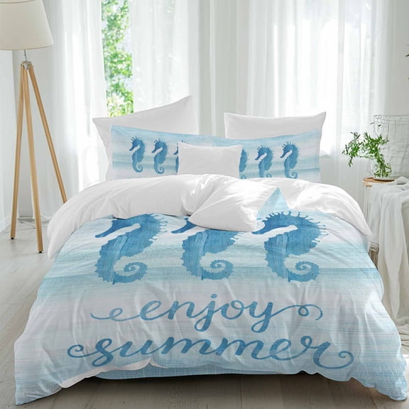 Enjoy Summer Queen Size Comforter Set, Coastal Watercolor Blue Seahorses Teal White Bedding for All Seasons, 4 Pcs Bed Set, 1Quiltcover (90"x92") ,1Sheet(94"x116"), 2Pillowcases (30"x20")